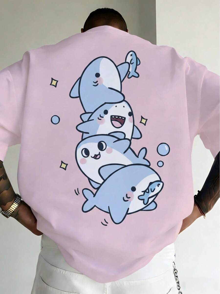 Pink Loose Short Sleeve T-Shirt For Men, Back Stacked Cartoon Shark Print, American Casual Plus Size Top - Pink - View 1