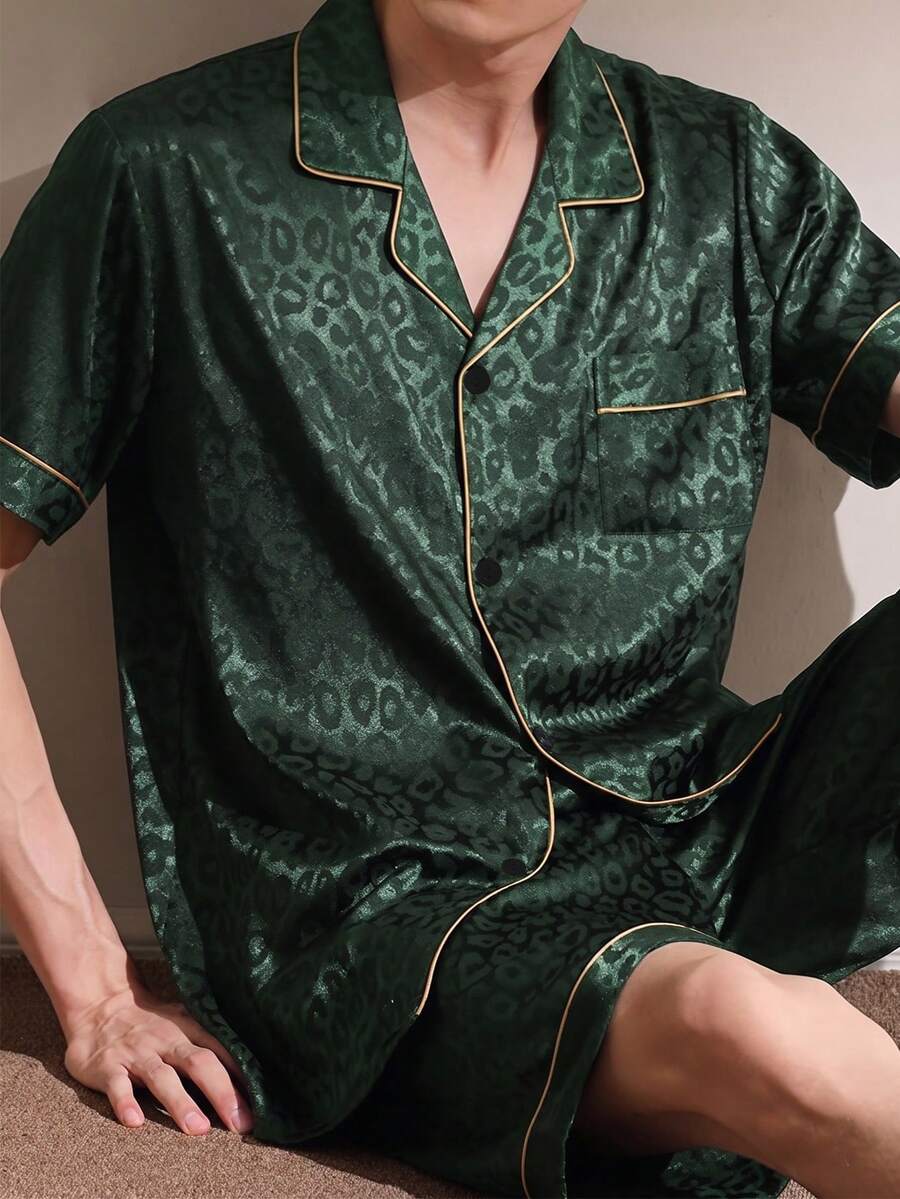 2件組男士短袖絲綢薄冰絲夏季開襟衫翻領黑色豹紋家居服套裝 - 墨綠色 - 查看 1