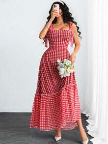 Vestido largo elegante, sexy y romántico de mujer con estampado de cuadros rojos retro y tirantes de mariposa - Rojo - Ver 1
