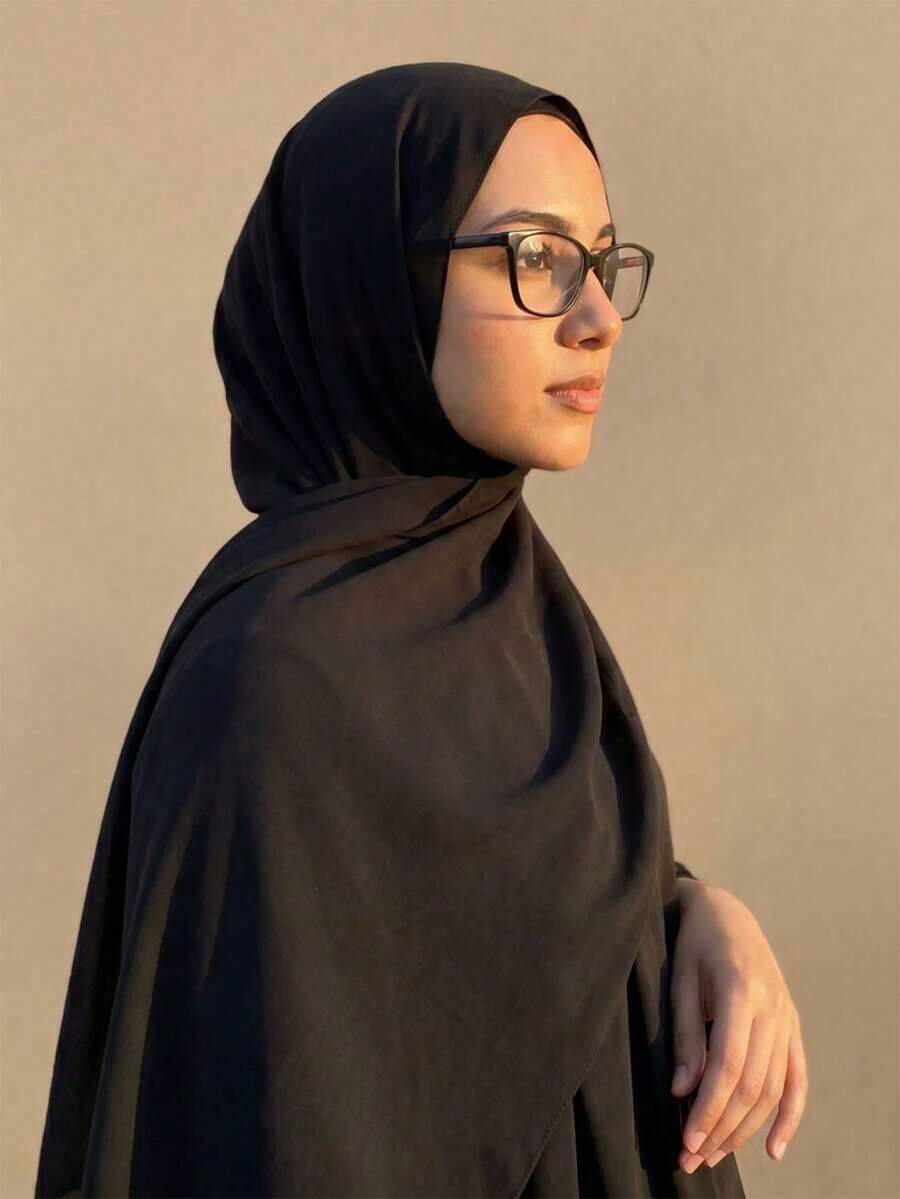 1件女款純色雪紡穆斯林頭巾,極簡優雅穆斯林頭巾 - 黑色 - 查看 1