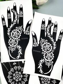 2 Pairs Floral Henna Hollow Stencil Mandala Flower Hand & Foot DIY Tattoo Template, Reusable Self-Adhesive Stencil For Wedding, Exotic Style, Festival Decoration - Black - View 6