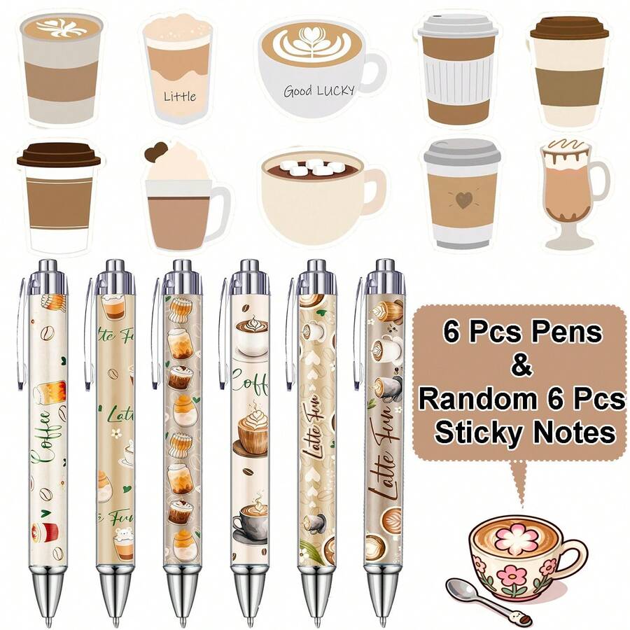12pcs/6pcs Random Pattern Coffee Theme Party Gift Ballpoint Pen Set, Includes 120 Coffee Sticky Notes, Coffee Lover Party Decoration Supplies, Black Ink Suitable For School Office Birthday Supplies Aesthetic Accessories - Coffee - View 1