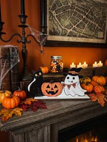 1pc Halloween Wooden Decorative Ornament, Pumpkin, Ghost, Black Cat Pattern, Suitable As Holiday Gift For Friends And Party Tabletop Decoration - Multicolor - View 5