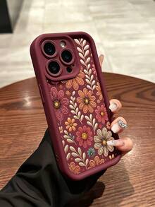 Fashionable Floral Print Anti-Drop Phone Case, Compatible With 11/12/13/14/15 Pro Max - 酒紅色 - 查看 8