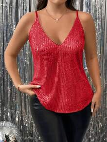Talla Grande - Talla Grande - Cami de tirantes finos con lentejuelas, cuello en V y diseño occidental transfronterizo - Rojo - Ver 2