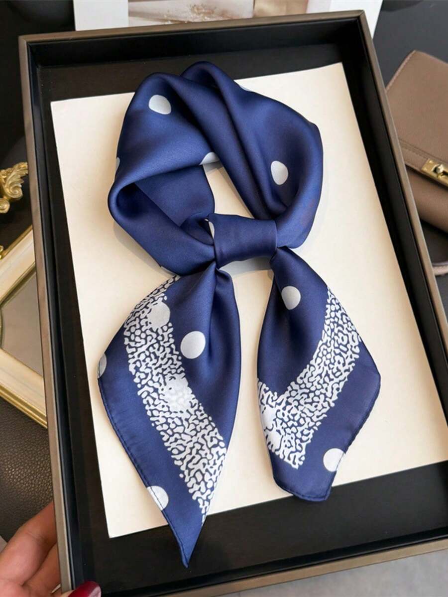 奢華時尚碎花絲綢緞面方巾髮帶,多功能女款髮帶披肩,適合旅行、度假、休閒與休閒穿著,亦可作為頭巾或日常通勤領巾 - S55137-藏青色 - 查看 1