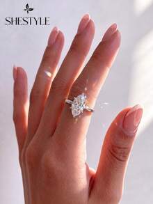 1件 1/2/3克拉閃耀橢圓形訂婚戒指/婚戒，925純銀，女士承諾戒指/永恆戒指，精美珠寶禮物 - 銀色 - 查看 5