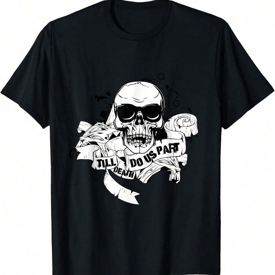 Camiseta SKULL Till Death Do Us Part, ideal para todas las estaciones.Confeccionada en algodón de 220 g, estampada por una cara, cuello redondo y manga corta. - Blanco y Negro - Ver 1