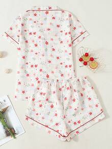 Conjunto de Pijama com Estampa Xadrez & Floral de Manga Curta e Shorts para Mulheres - Damasco - Visão 9