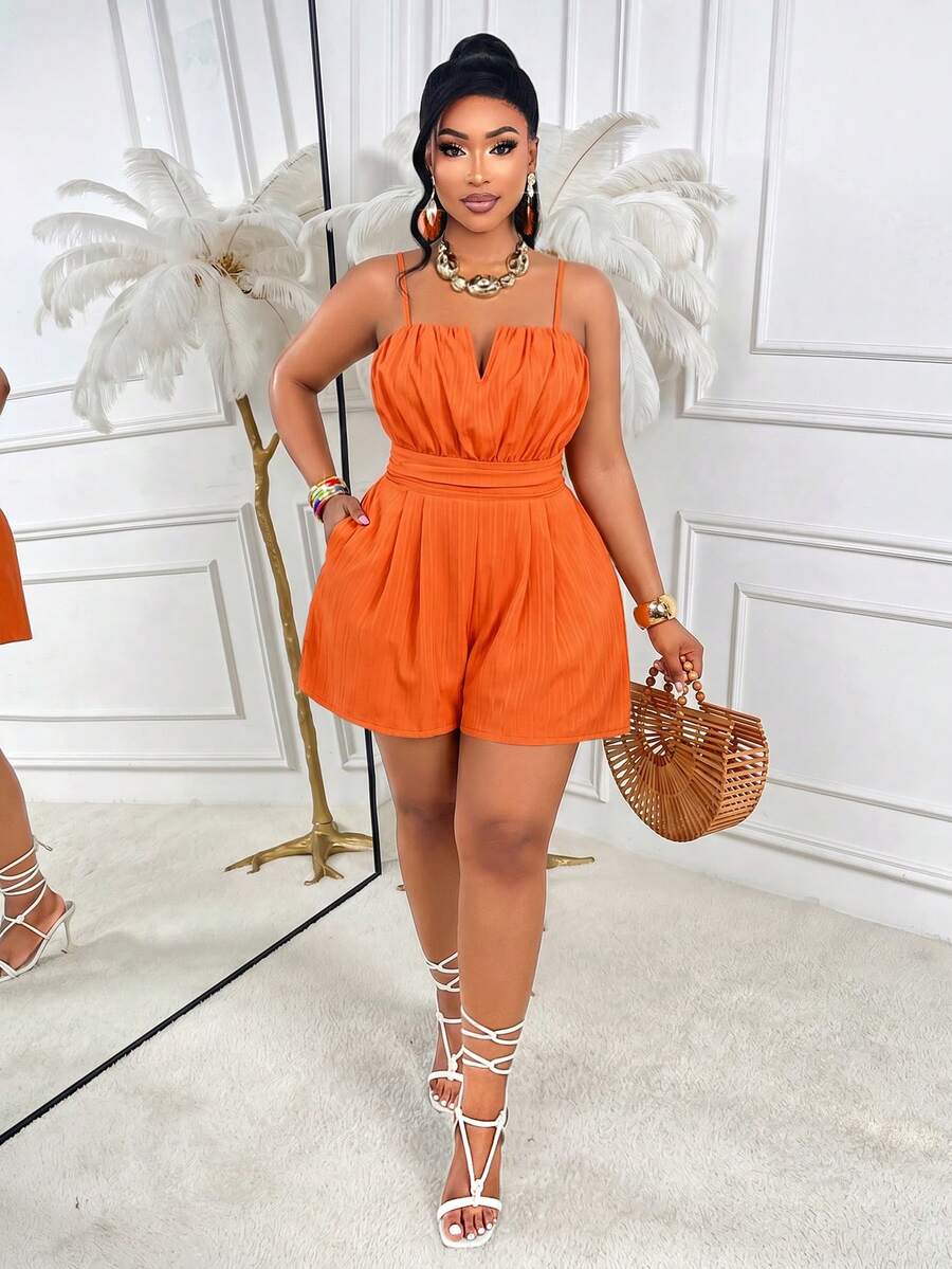 Women's Plus Size Sleeveless Orange Ruched Cami Jumpsuit, Short Ribbed Fabric Spaghetti Strap Romper Summer - Burnt Orange - View 1