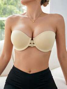 Women's Beige Strapless Bandeau Bra, Sexy Invisible Front-Closure Underwire Push-Up Bra With Open Back, Anti-Slip Thin Cup Thick Padding For Small Chest, Invisible Backless Bra - Beige - View 4