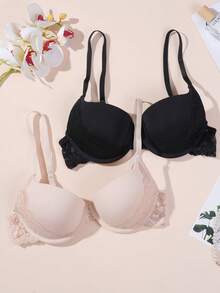 2 Peças Sutiã Push Up de Renda Sólida Feminino, Lingerie com Aro, Copos Push-Up com Efeito de Levantamento, Adequado para Uso Diário em Casa. - Multicolorido - Visão 4