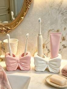 1pc Dual Slot White & Pink Cute Bow Toothbrush & Toothpaste Holder Makeup Brush Organizer Bathroom Countertop Vanity Accessory Aesthetic INS Style Home Decor Bathroom Dorm Apartment Essentials - Multicolor - View 3