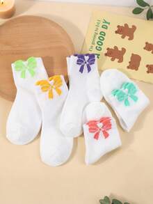 5 Pairs Random Cute Cartoon Colorful Bow Breathable Girls Socks, Regular Thickness, Suitable For Spring, Summer And Autumn, Versatile Fashion Campus Socks - Multicolor - View 3