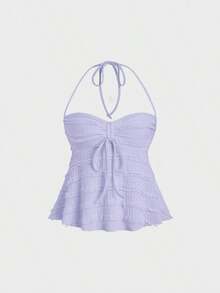Tops halter con cordón en el busto de color sólido, estilo Y2K para mujeres - Morado claro - Ver 2