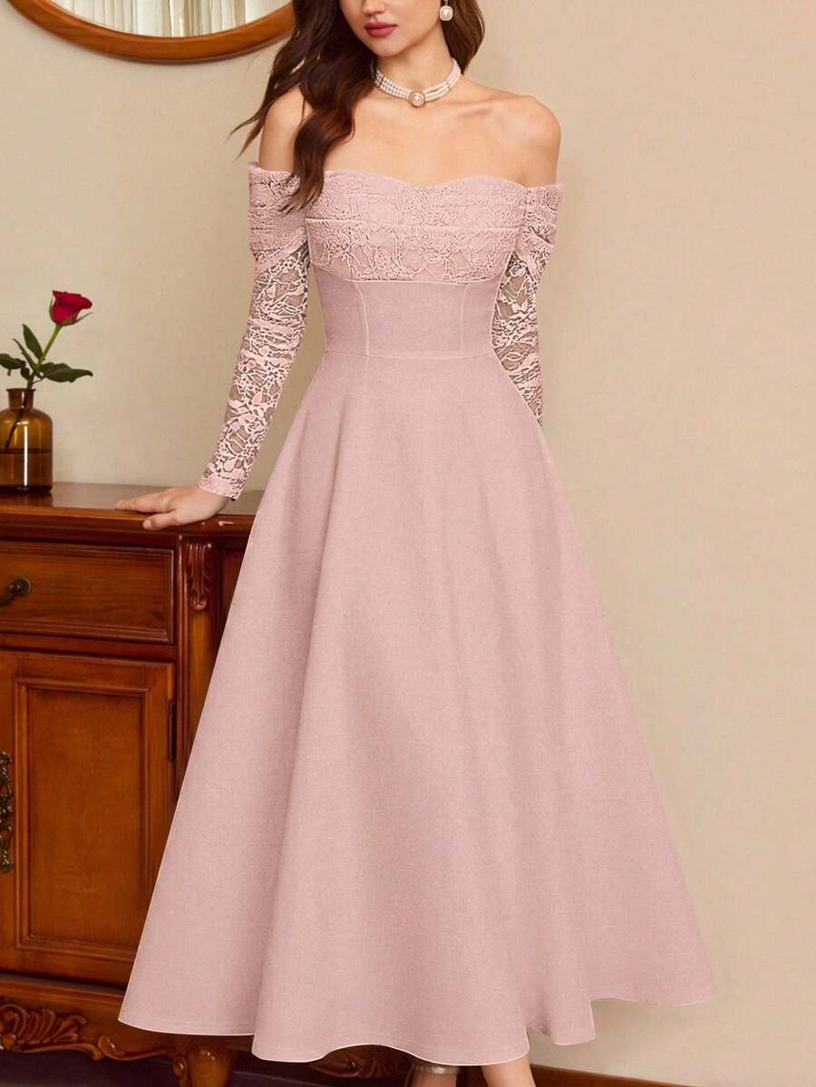 Elegant Vintage Light Blue Dress For Women With Pockets, Casual Fall Holiday Outfit For Wedding Guest, Formal Party Dress - 象牙白色 - 查看 1