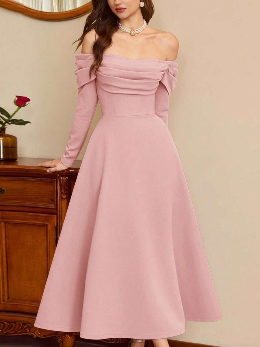Elegant Vintage Light Blue Dress For Women With Pockets, Casual Fall Holiday Outfit For Wedding Guest, Formal Party Dress - 灰藍色 - 查看 1