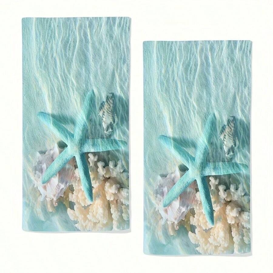 海洋海星貝殼印花廚房與浴室手巾，防皺裝飾性抹布。超強吸水、可機洗，適合廚房清潔、日常居家裝飾與禮品選擇。