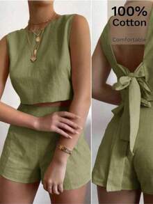 Set de 2 piezas de top corto sin espalda anudado y shorts de unicolor de verano para mujer - Verde - Ver 1