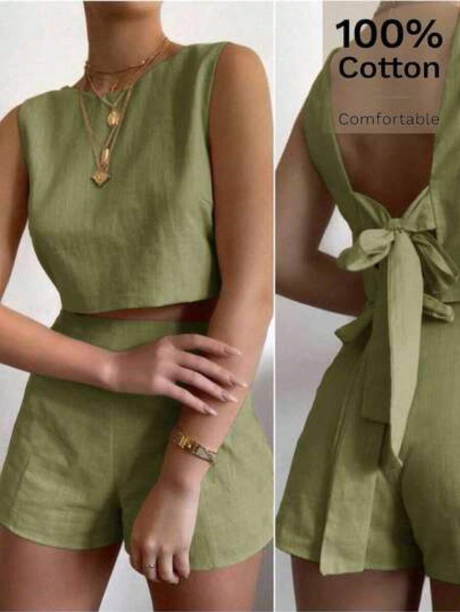Set de 2 piezas de top corto sin espalda anudado y shorts de unicolor de verano para mujer - Verde - Ver 1