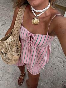 Conjunto de 2 piezas casual boho a rayas Just Masa para mujer, camiseta sin mangas con espalda descubierta y cordón ajustable & shorts de cintura elástica, para salir, vacaciones, elegante - Rosa - Ver 7