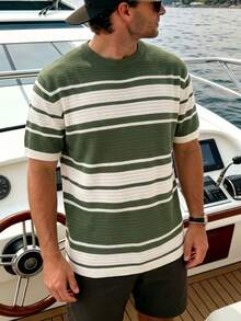 Men's Fashion Round Neck Striped Knit Casual Short Sleeve Top - Green - View 1