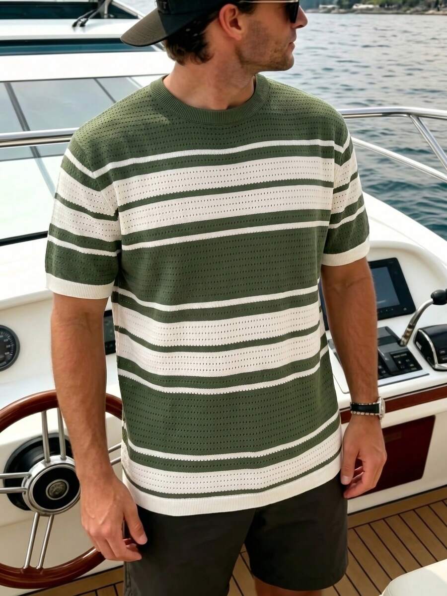 Men's Fashion Round Neck Striped Knit Casual Short Sleeve Top - Green - View 1