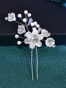 Juego de 3 piezas de peineta y horquilla para el cabello de novia, tocado para mujer con decoraciones de flores y strass, accesorios para el cabello de boda para fiestas - Plateado - Ver 7