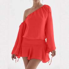2026 Summer Spring New Fashion Sheer Off Shoulder Long Sleeve Ruffled Hem Dress High Street Style Elegant Dress - Green - View 5