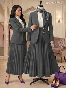 Setelan Blazer Abu-abu Berkerah dan Rok Midi Lipit untuk Wanita Ukuran Plus - Grey - View 2