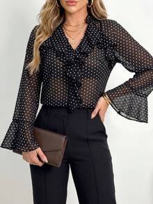 ANCHOSE Women's Summer Black With White Polka Dot V-Neck Ruffle Flared Sleeve Blouse (Inner Layer Not Included) Sheer Chiffon Lightweight Fabric Elegant French Style Suitable For Date Daily Outings - Black - View 4