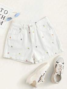 Summer Rolled-Up High-Waisted Denim Shorts - Champagne - View 1