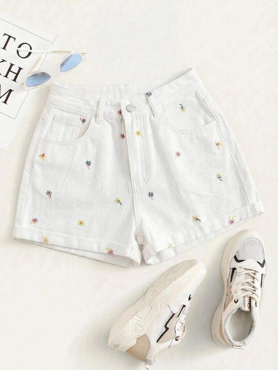 Summer Rolled-Up High-Waisted Denim Shorts - Champagne - View 1