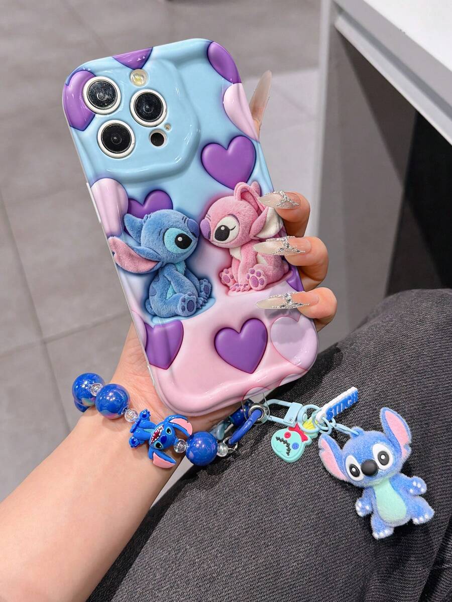 Disney Has Authorized, Phone Case - Chain Set, The Stitch Lilo & Stitch 3D Phone Case Plus A Silicone 3D Stitch Bracelet With Metallic Ring Removable Bracelet, Stitch And Angel Pattern, Compatible With Iphone17/16/15/14/13/12/28/XS/XR/X Plus Pro Max, A Stylish Cartoon Phone Case, The Perfect Gift Choice, Phone Protection, Durable Phone Cover, Great Gift For Friends And Family. - White - View 1