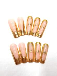 24 piezas de pegatinas de uñas cuadradas largas minimalistas francesas con estrellas 3D, con 1 lima de uñas y 1 esmalte de uñas de gel - Multicolor - Ver 2