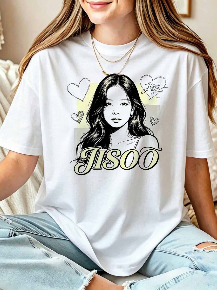 Jisoo Bp K-Pop Heart Sketch Portrait Tee, Vintage Retro Lettering Fan Graphic Shirt - 白色 - 查看 1