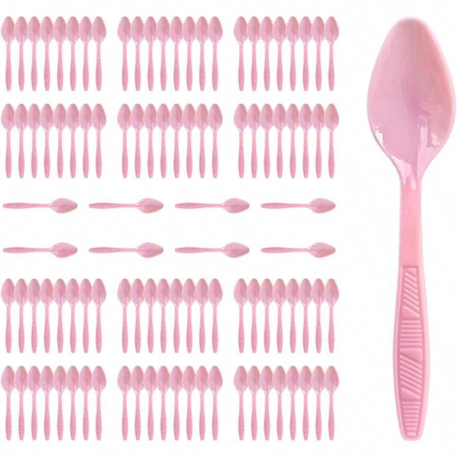 Pink Plastic Spoons Heavy Duty, Disposable Party Supplies 104 PCS - Pink + Spoons - View 1