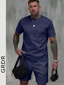 2pcs Men's Diamond Texture T-Shirt And Shorts Set, Casual Commuter Comfortable Minimalist - Navy Blue - View 2
