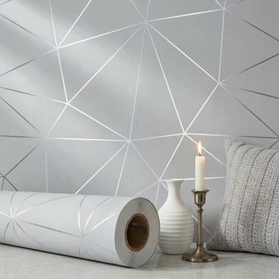 1 Roll Modern Luxury Silver Geometric Self-Adhesive Wallpaper, Peel And Stick Design, Removable And Damage-Free, Rental Friendly, Easy To Apply, Living Room Accent Wall, Bedroom Headboard Wall, Entryway, Wall Decor, Cabinet, Desk Surface, Wardrobe, Niche Home Decor, Room Decoration