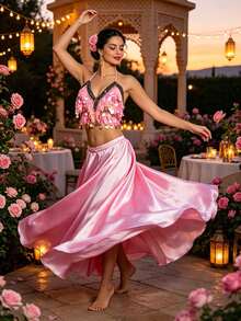 Belly Dance Coin-Embellished Halter Crop Top, Satin Full Circle Maxi Skirt For Stage Performance & Carnival - Multicolor - View 19
