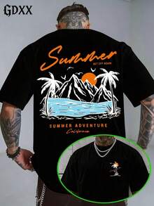 Plus-Size Men's California Summer Adventure T Shirt, Casual Streetwear Summer Daily Wear For Men,Outdoor Hiking Camping Casual Tee-Vintage Street Style Unisexoose Cotton Short Sleeve Crew Ne - 黑色 - 查看 1