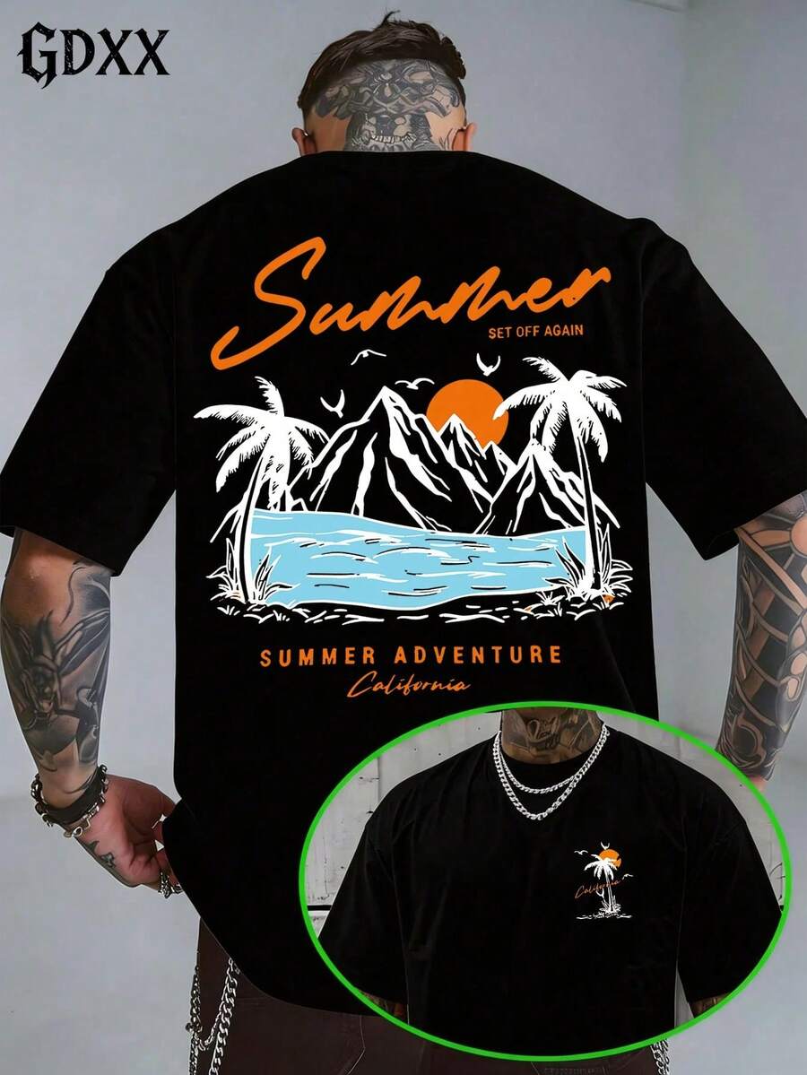 Plus-Size Men's California Summer Adventure T Shirt, Casual Streetwear Summer Daily Wear For Men,Outdoor Hiking Camping Casual Tee-Vintage Street Style Unisexoose Cotton Short Sleeve Crew Ne - 黑色 - 查看 1