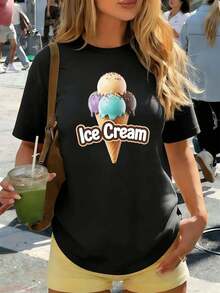 Camiseta informal de verano/primavera con estampado de helado, 100 % algodón, corte holgado, informal, transpirable. - Negro - Ver 1