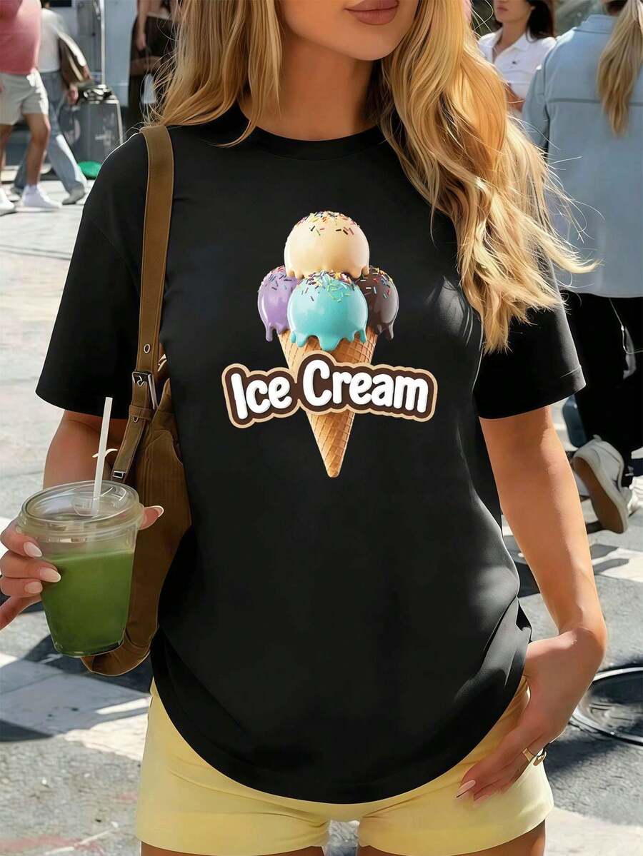 Camiseta informal de verano/primavera con estampado de helado, 100 % algodón, corte holgado, informal, transpirable. - Negro - Ver 1