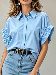 Women's Summer Dopamine Pink Collared Puff Sleeve Blouse, French Style Loose Breathable Button Front Top, Suitable For Work/Date/Birthday Party Multi-Functional Top - Blue - View 5