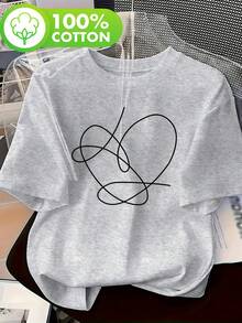 Talla grande, top casual de manga corta pura con cuello redondo y estampado de líneas enredadas abstractas para mujer - Gris Claro - Ver 1