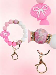 1 Pink Silicone Shell Bead Keychain-A Summer Must-Have. Silicone Bead Keychain Bracelet: A Cute Car Keychain Perfect For Women And Girls. - 2834 - View 7