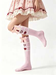 1 Pair Cute Sweet Lolita Style Pink BOW & Strawberry Socks For Girls - Multicolor - View 7