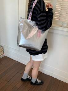 1件女款拼色單肩斜挎包 大容量亮面托特包 適合購物通勤送禮 - 銀色 - 查看 6