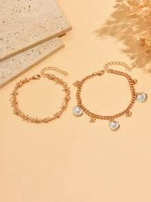 2pcs/Set Summer Beach Vacation Style White Enamel Shell & Faux Pearl Anklet, Simple Gold Handmade Chain Foot Jewelry For Women, Suitable For Daily Wear, Party Outfits And Travel - Multicolor - View 2